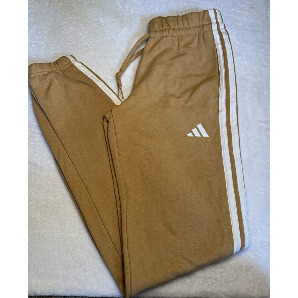 adidas Men's Beige Jogger Pants White 3-Stripes S Drawstring Elastic Waist